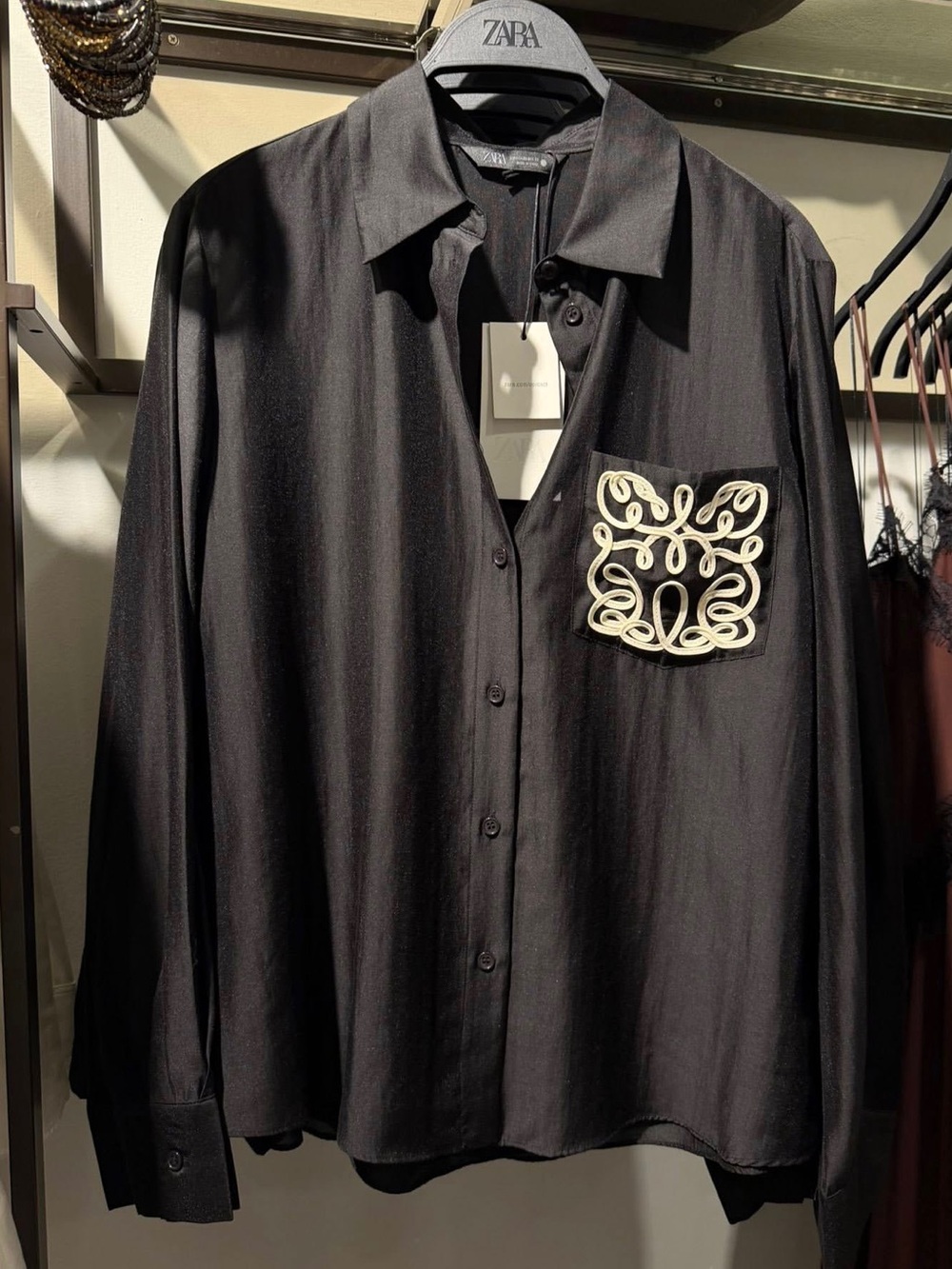 Zara Embroidered Pocket Button Front Blouse Shirt, Size XS